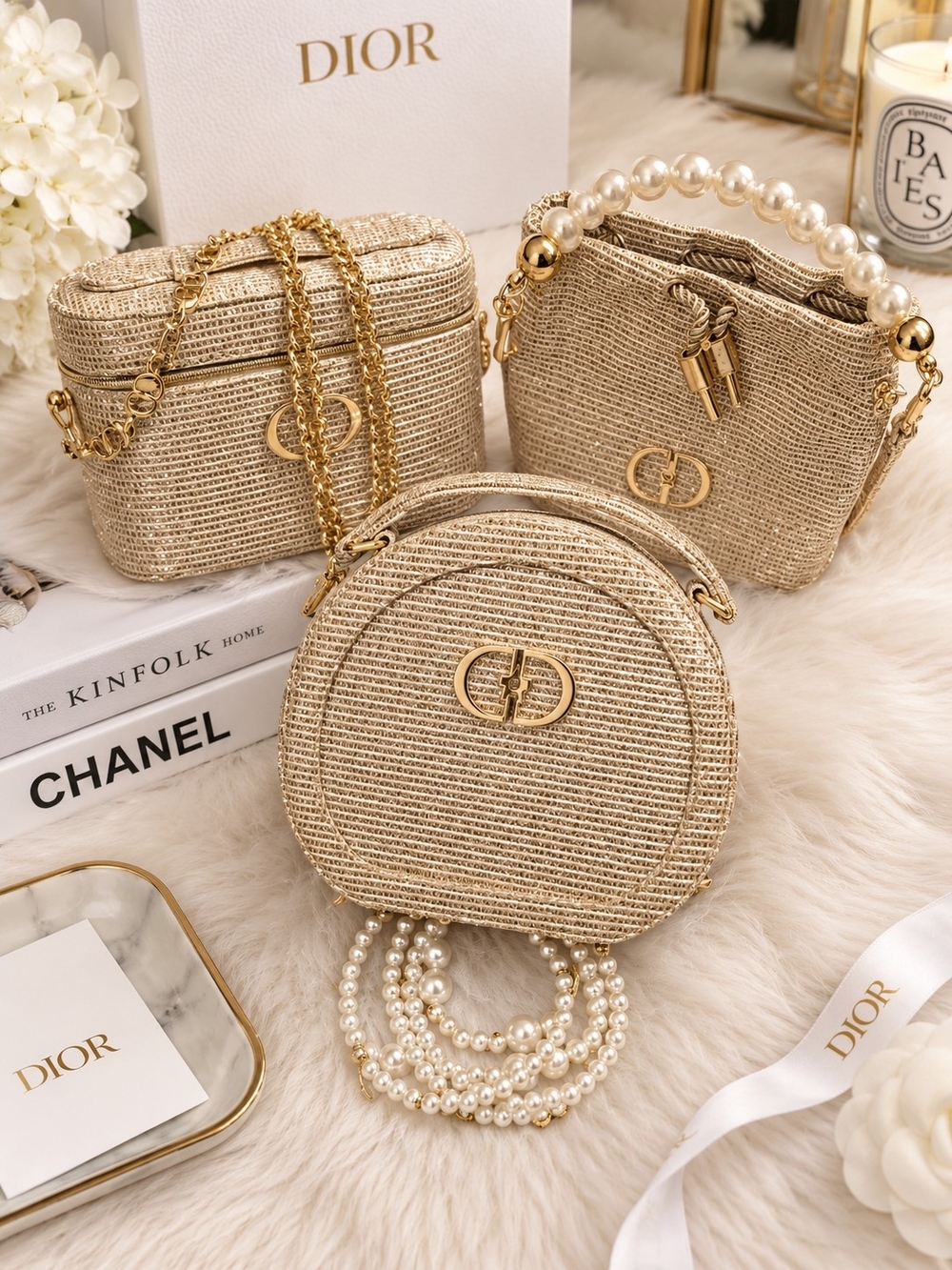 BUNDLE DEAL 3pcs Beige Gold Mini Straw Crossbody Trio with Pearl Handle